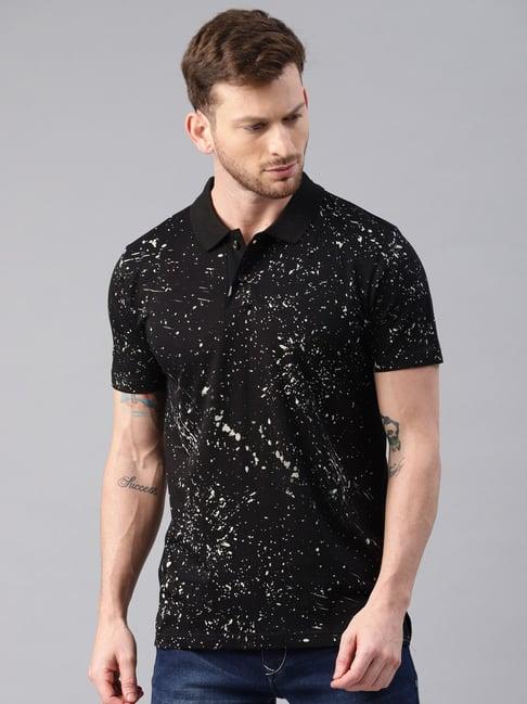 kryptic black regular fit printed cotton polo t-shirt