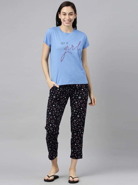 kryptic blue & black cotton printed t-shirt pyjamas set