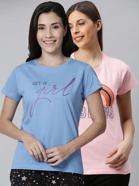 kryptic blue & pink cotton printed lounge t-shirt - pack of 2