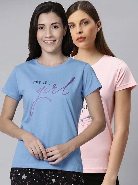 kryptic blue & pink cotton printed lounge t-shirt - pack of 2