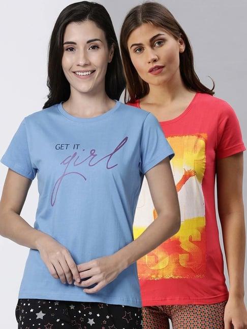 kryptic blue & pink cotton printed lounge t-shirt - pack of 2