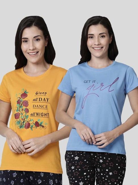 kryptic blue & yellow cotton printed lounge t-shirt - pack of 2