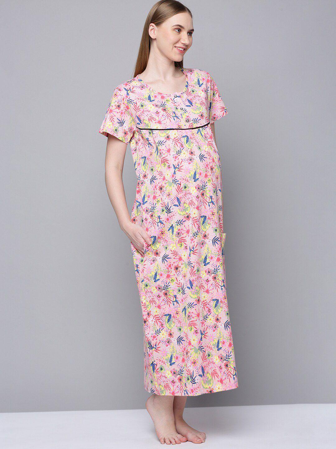 kryptic floral printed pure cotton maternity maxi nightdress