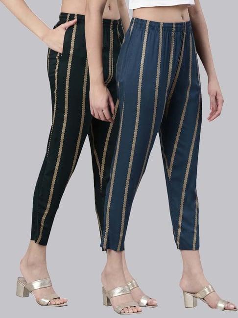 kryptic green & blue mid rise striped pants - pack of 2