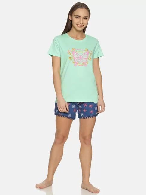 kryptic green & blue printed cotton t-shirt with shorts