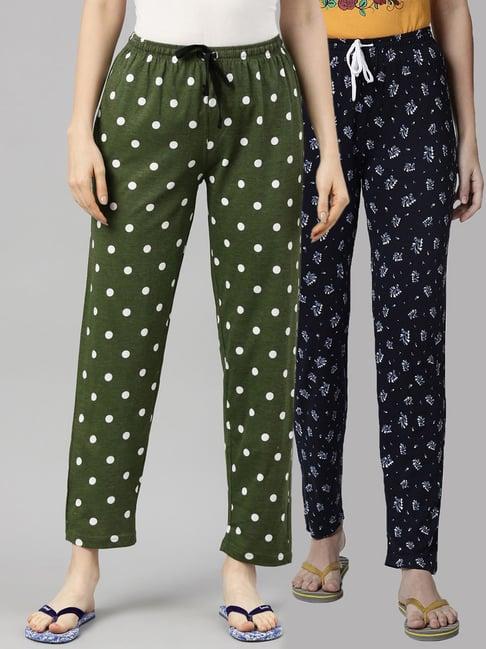 kryptic green & navy printed pure cotton elasticated waist band regular fit pyjamas - pack of 2