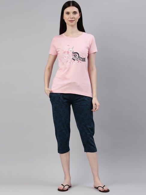 kryptic light pink & teal printed t-shirt with capris