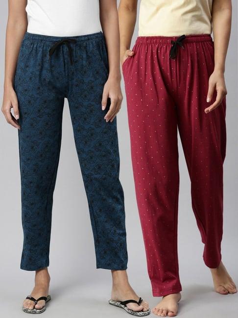 kryptic maroon & blue printed pure cotton elasticated waist band regular fit pyjamas - pack of 2