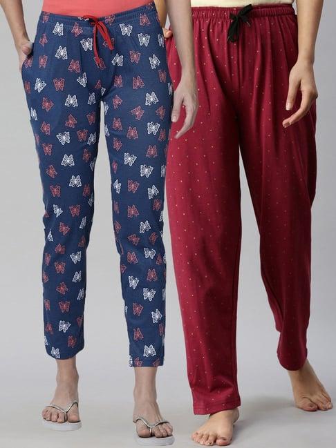 kryptic maroon & blue printed pure cotton elasticated waist band regular fit pyjamas - pack of 2