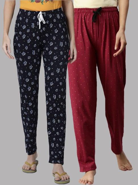 kryptic maroon & navy printed pure cotton elasticated waist band regular fit pyjamas - pack of 2