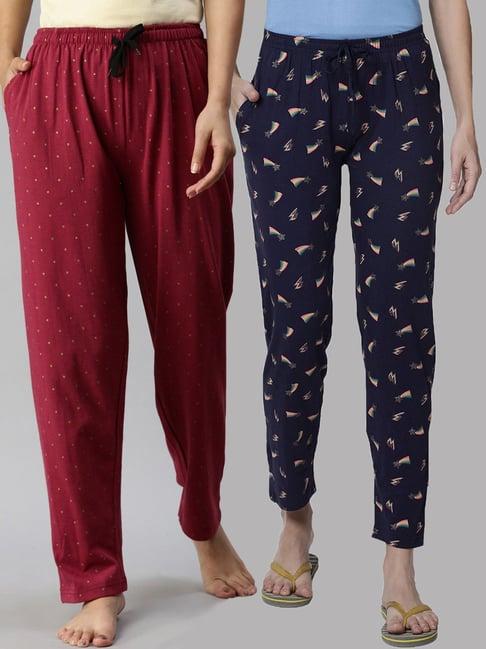 kryptic maroon & navy printed pure cotton elasticated waist band regular fit pyjamas - pack of 2