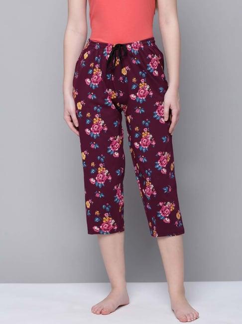 kryptic maroon cotton floral print capris