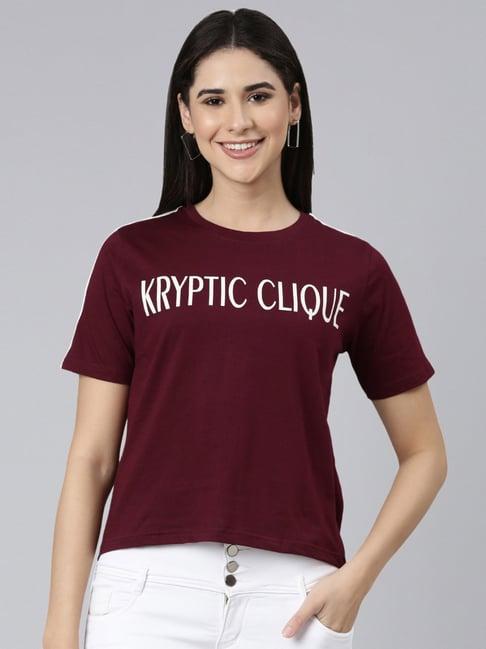kryptic maroon cotton printed t-shirt