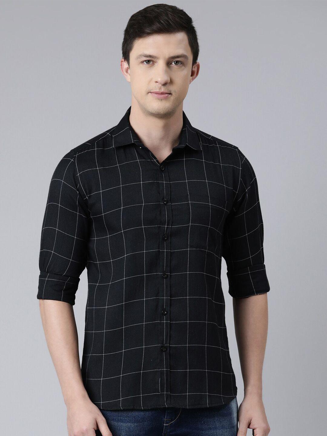 kryptic men black windowpane checked cotton casual shirt