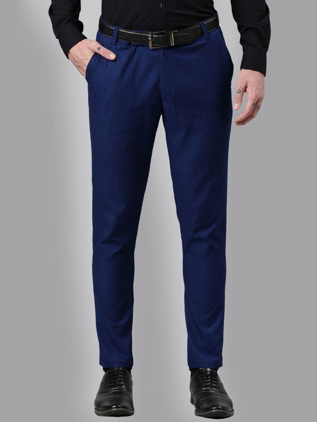 kryptic men blue tapered fit cropped formal trousers