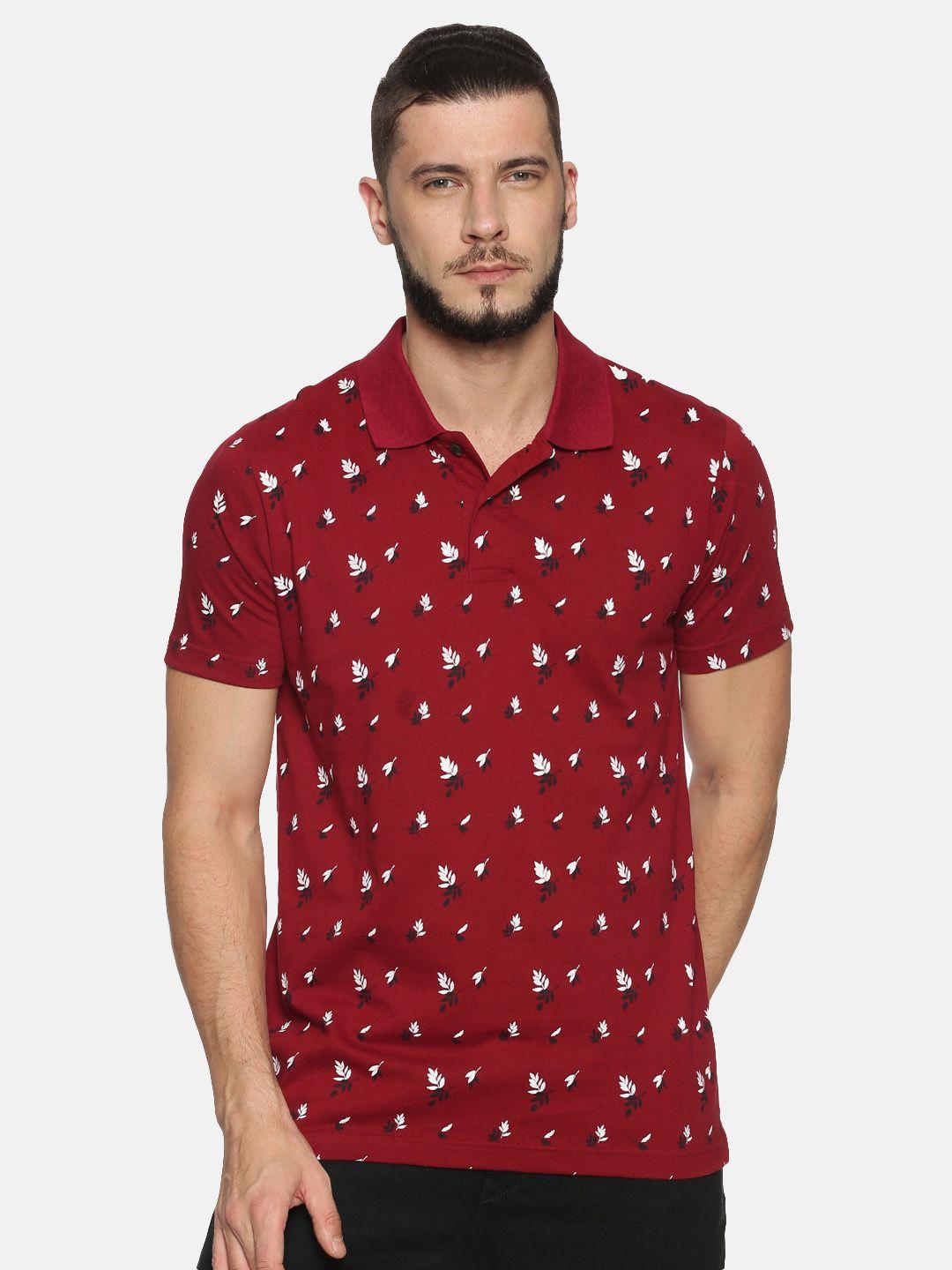 kryptic men maroon  white leaf print polo collar pure cotton t-shirt