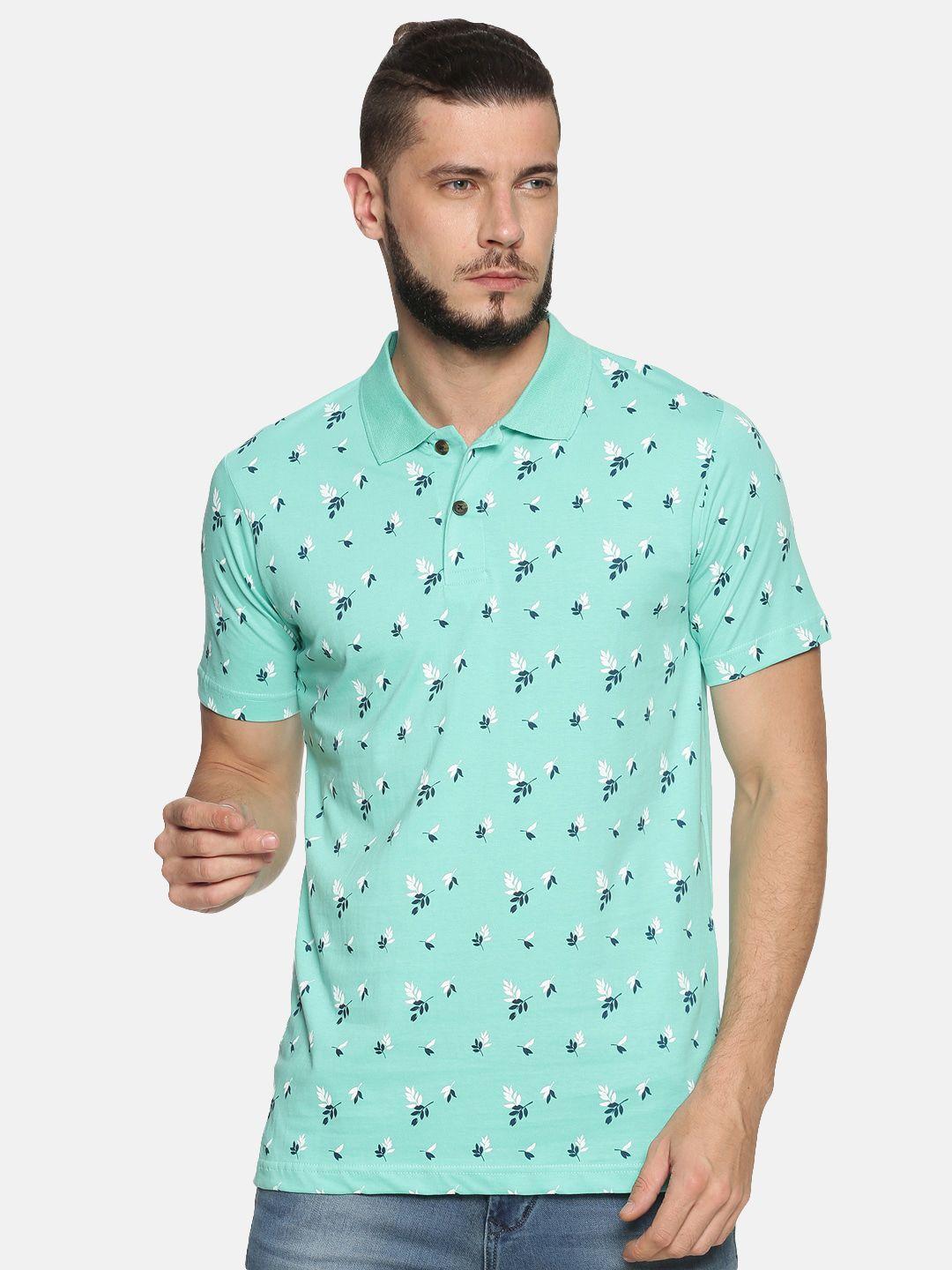kryptic men sea green printed polo collar pure cotton t-shirt