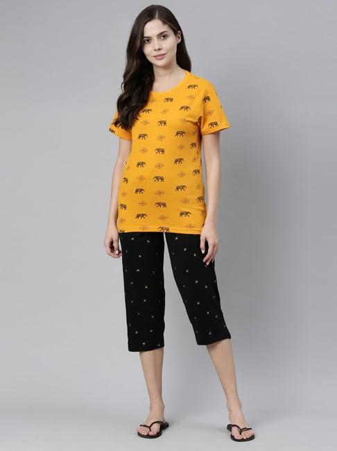 kryptic mustard & black printed t-shirt with capris