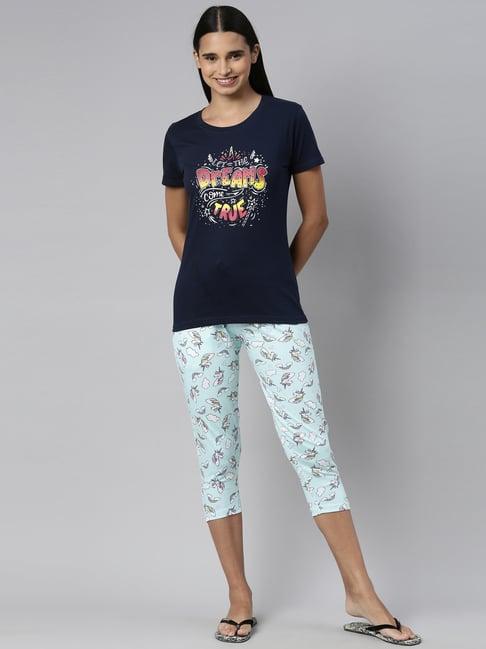 kryptic navy & aqua printed t-shirt with capris