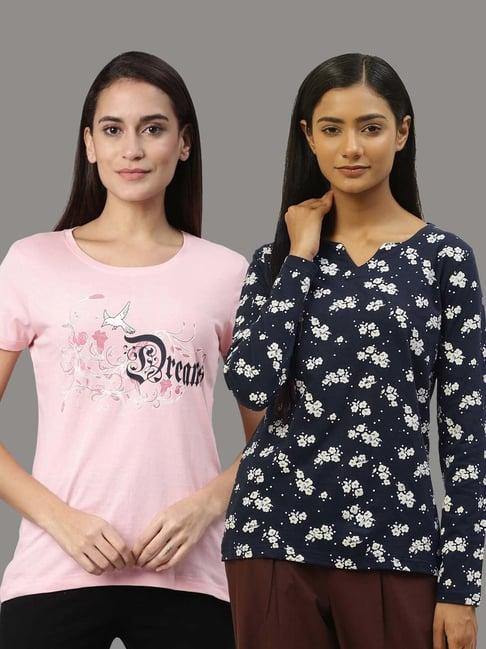 kryptic navy & pink cotton printed lounge t-shirt - pack of 2