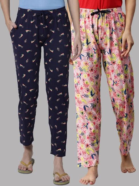 kryptic navy & pink printed pure cotton elasticated waist band regular fit pyjamas - pack of 2