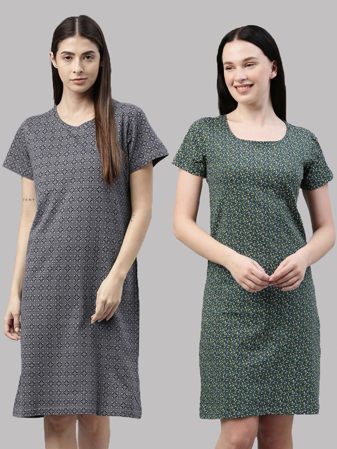 kryptic pack of 2 grey & green cotton printed nightdress