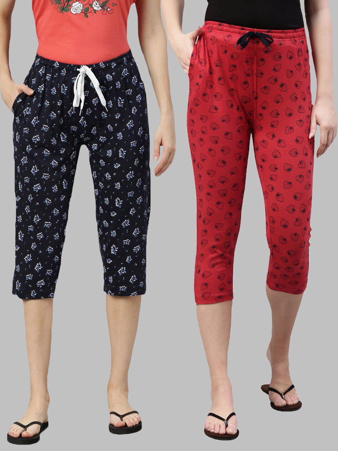 kryptic pack of 2 navy blue & red printed cotton capris