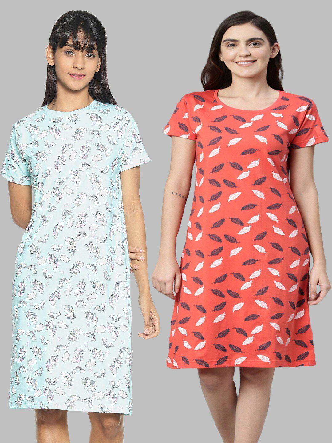 kryptic pack of 2 turquoise blue & coral pure cotton printed nightdress