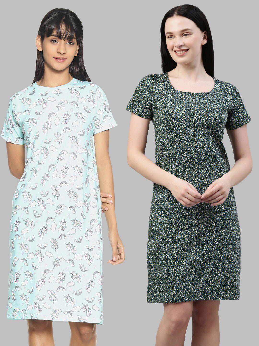 kryptic pack of 2 turquoise blue & green printed pure cotton t-shirt nightdress