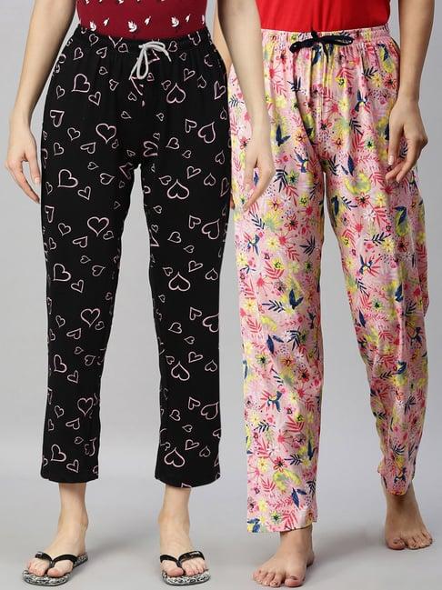 kryptic pink & black printed pure cotton elasticated waist band regular fit pyjamas - pack of 2