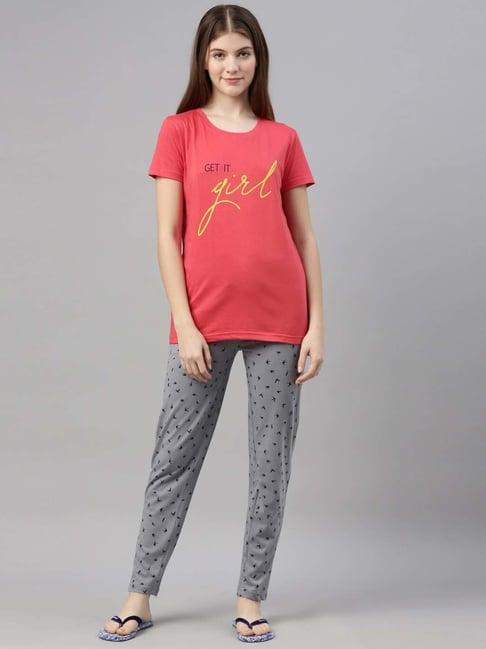 kryptic pink & grey cotton printed t-shirt pyjamas set