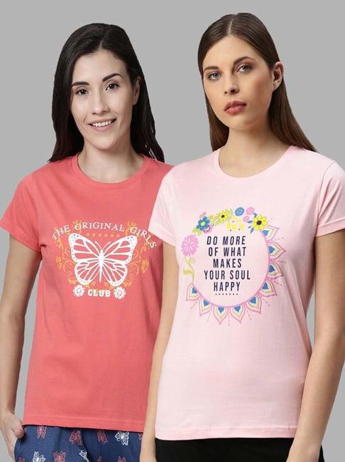 kryptic pink & peach cotton printed lounge t-shirt - pack of 2