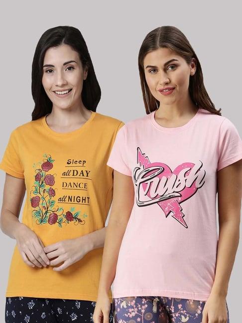 kryptic pink & yellow cotton printed lounge t-shirt - pack of 2