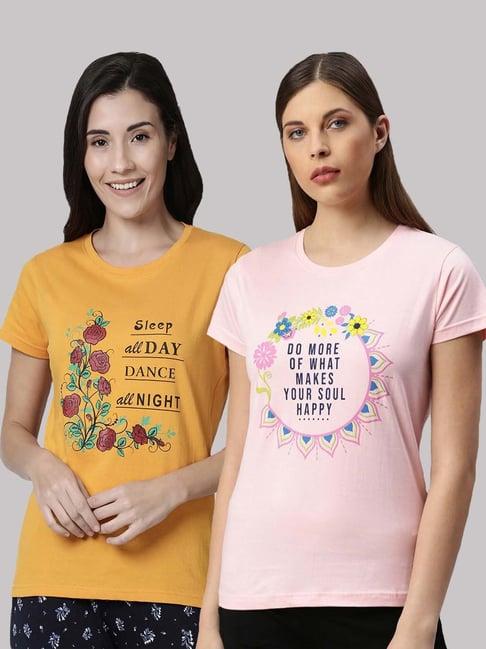 kryptic pink & yellow cotton printed lounge t-shirt - pack of 2