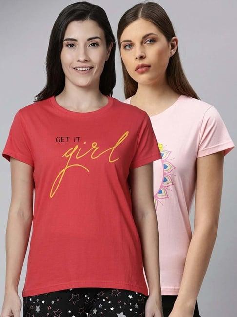 kryptic pink cotton printed lounge t-shirt - pack of 2