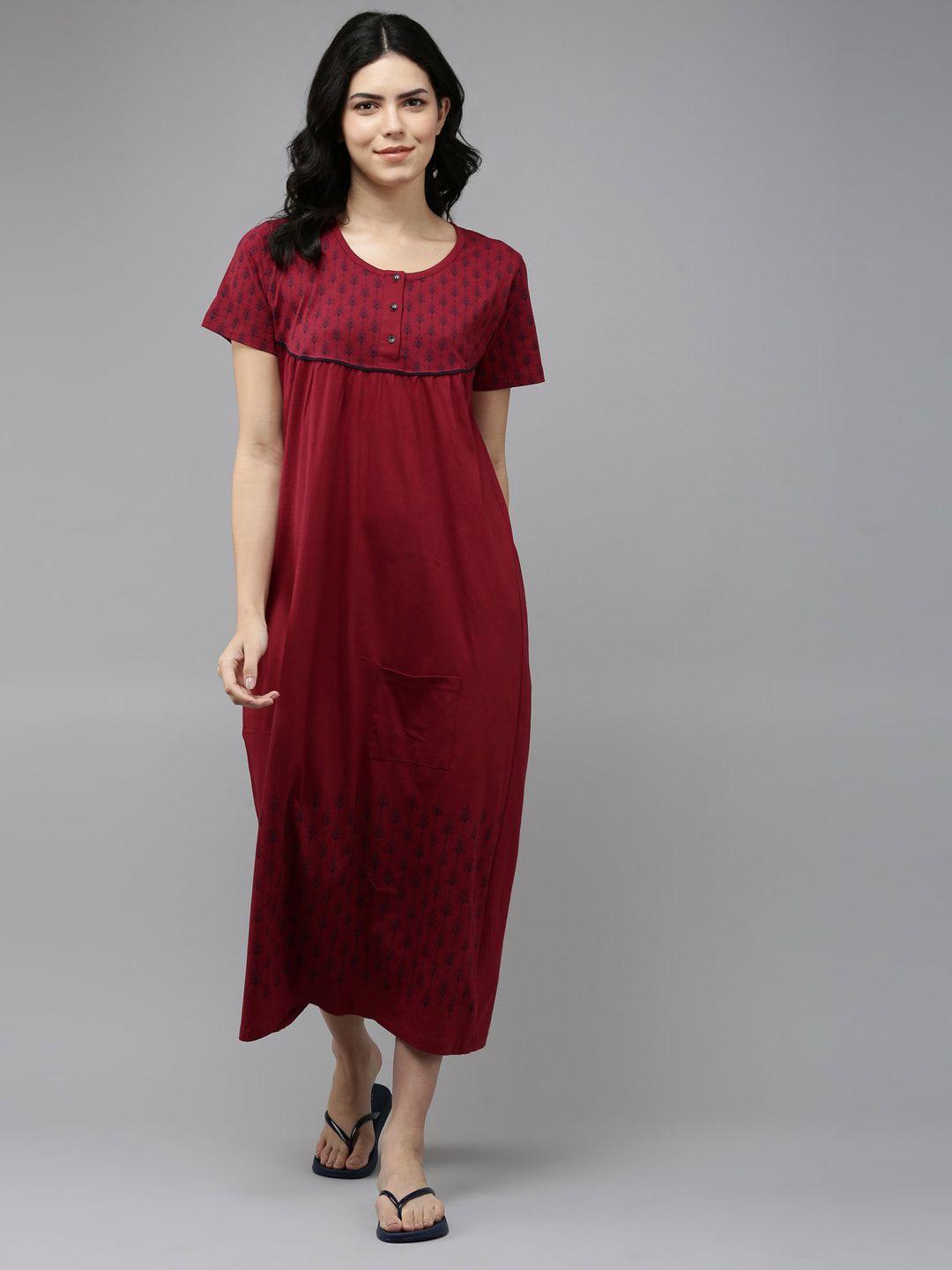 kryptic printed yoke pure cotton relaxed fit midi nightdress