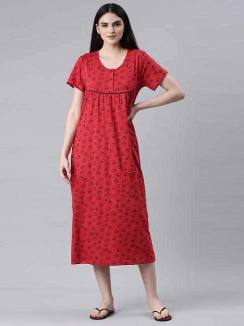 kryptic red printed pure cotton maxi night dress