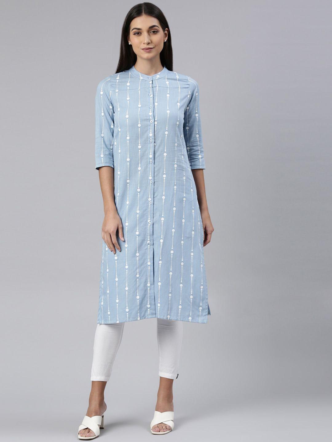 kryptic striped band collar straight cotton kurta