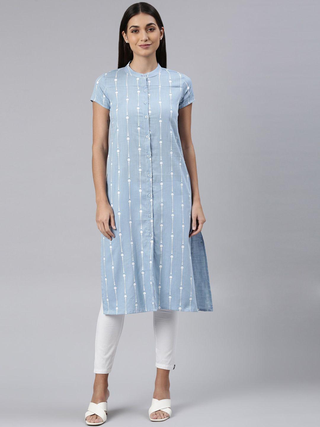 kryptic striped band collar straight cotton kurta