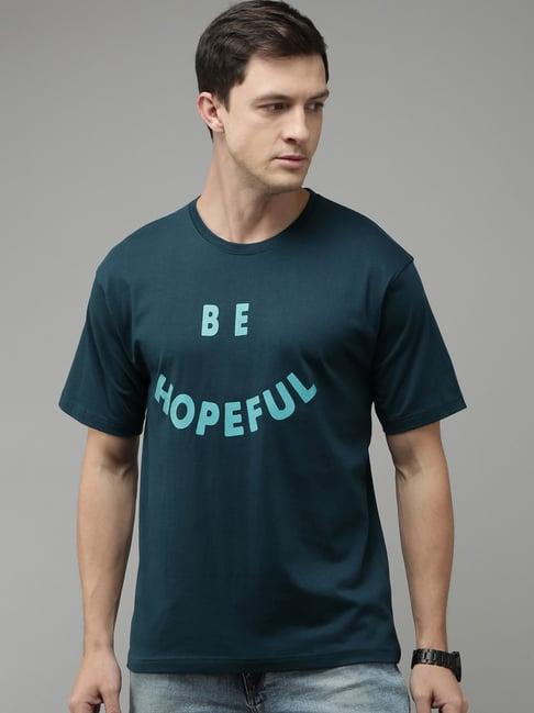 kryptic teal cotton loose fit printed oversized drop shoulder t-shirt