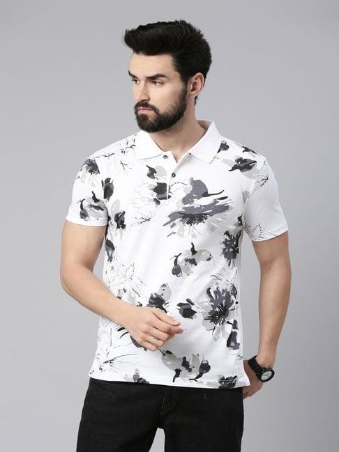 kryptic white & black regular fit floral polo t-shirt