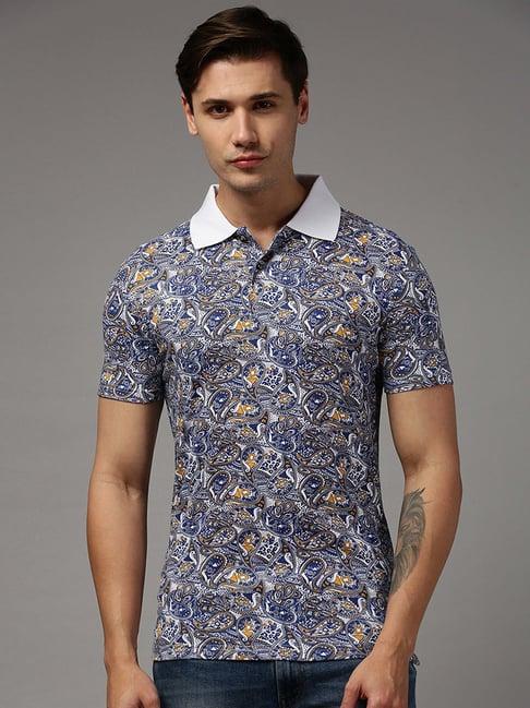 kryptic white & blue regular fit printed cotton polo t-shirt