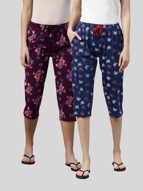 kryptic wine & blue printed cotton capris - pack of 2