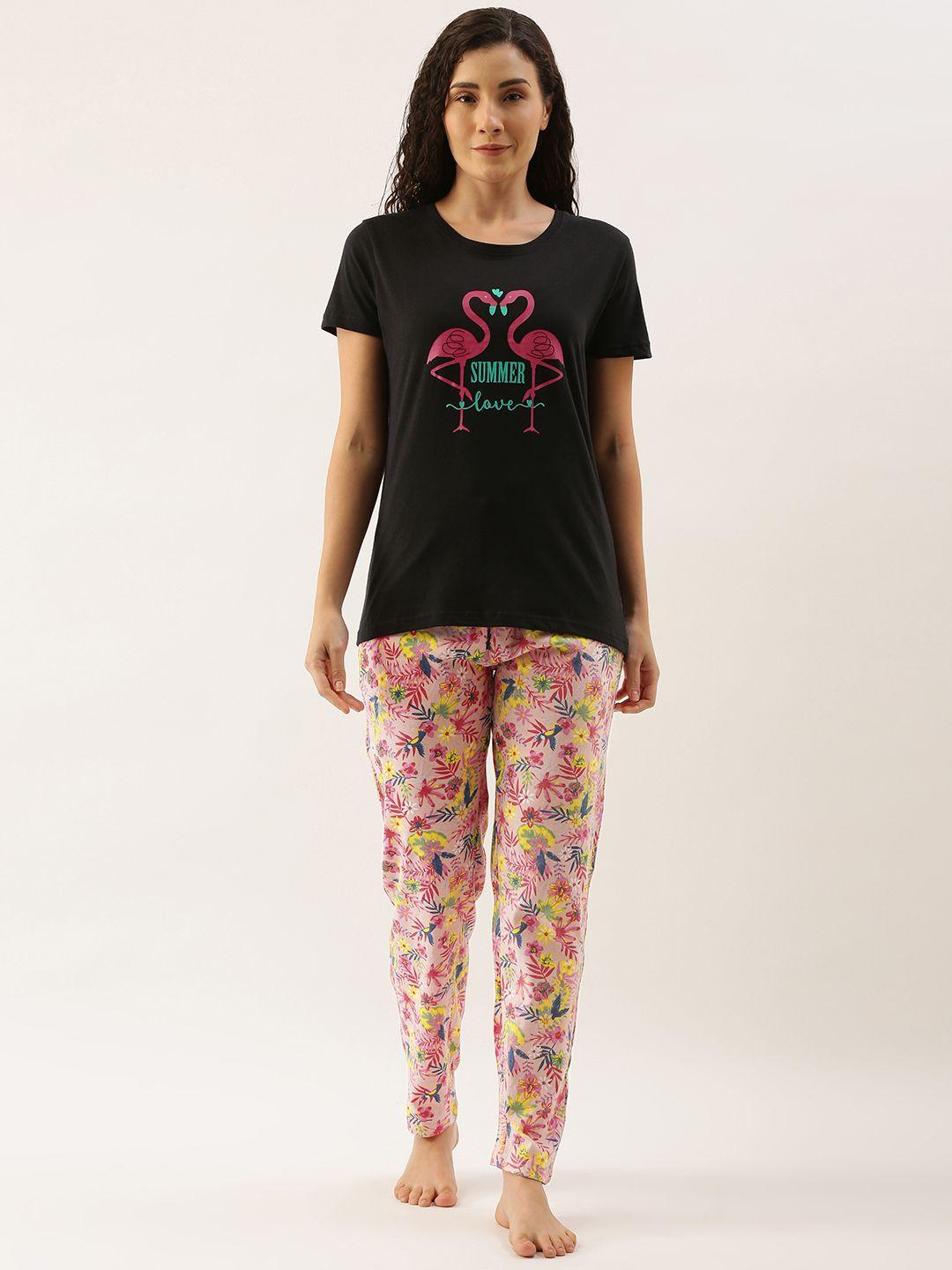 kryptic women black & pink pure cotton graphic printed pyjama set