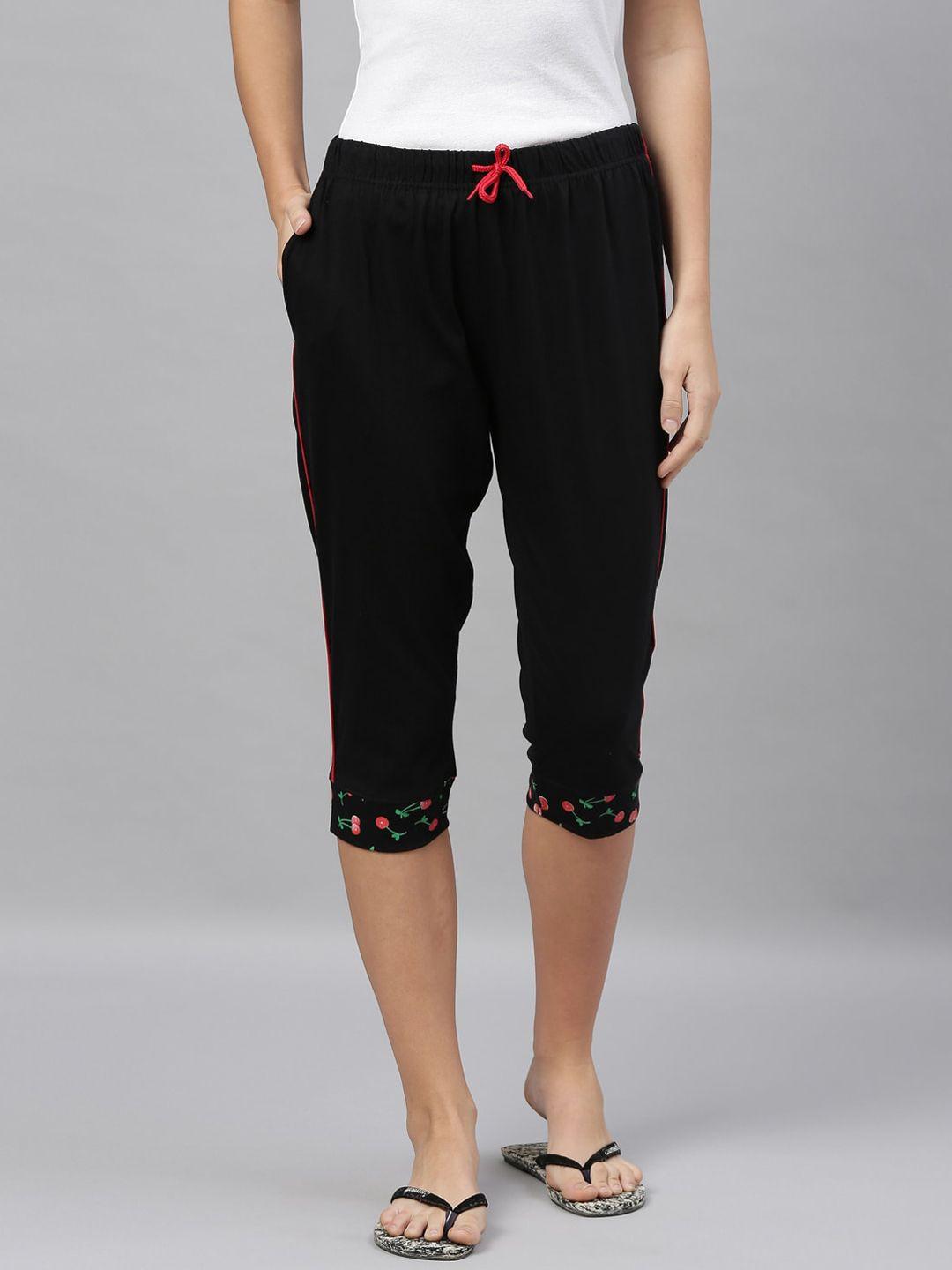 kryptic women black cotton solid slim fit three-fourth lounge pants