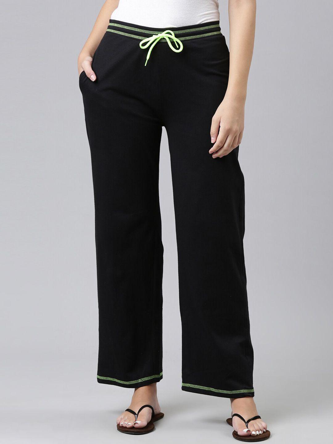 kryptic women black solid cotton parallel fit lounge pants