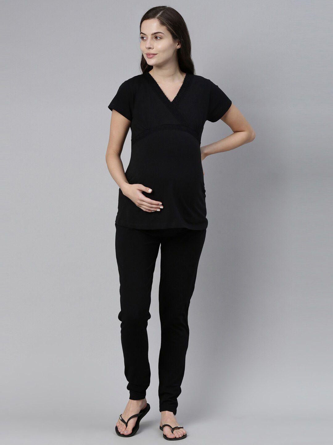 kryptic women black solid maternity night suit