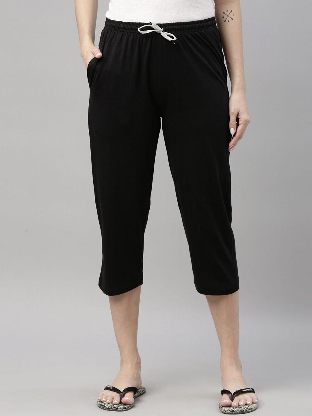 kryptic women black solid pure cotton lounge capri