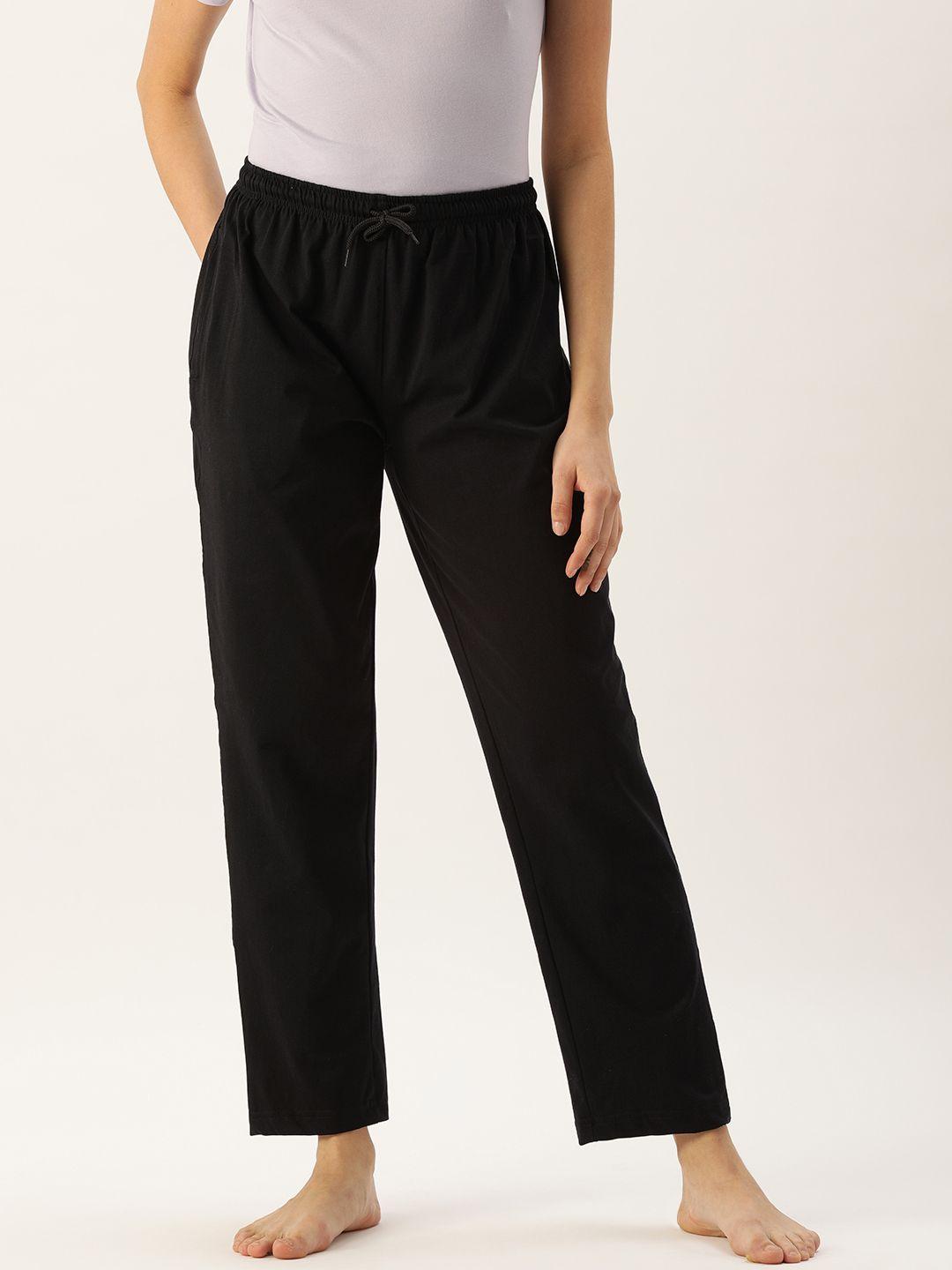 kryptic women black solid pure cotton lounge pants