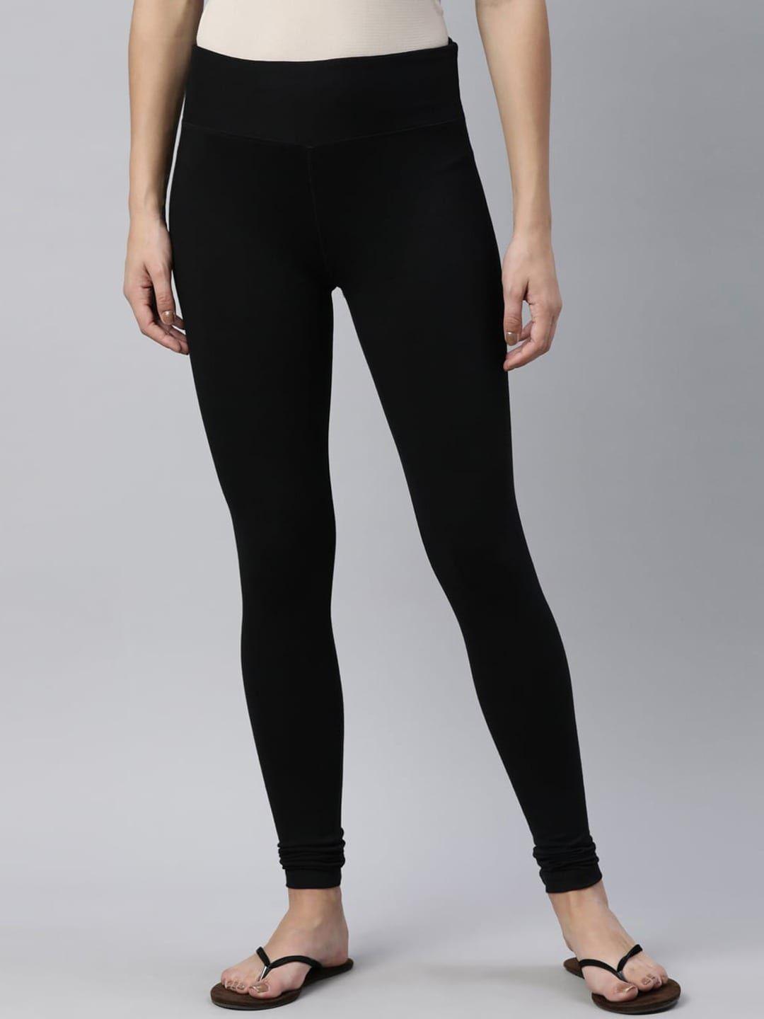 kryptic women black solid slim fit tights